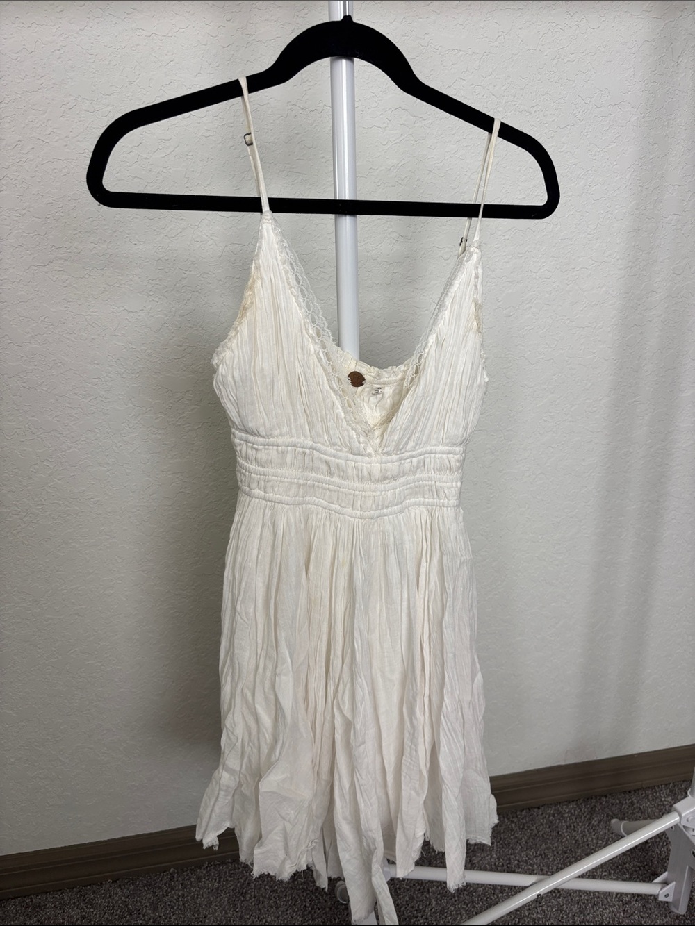 Free People Cream Crinkle Spaghetti Strap Mini Dress